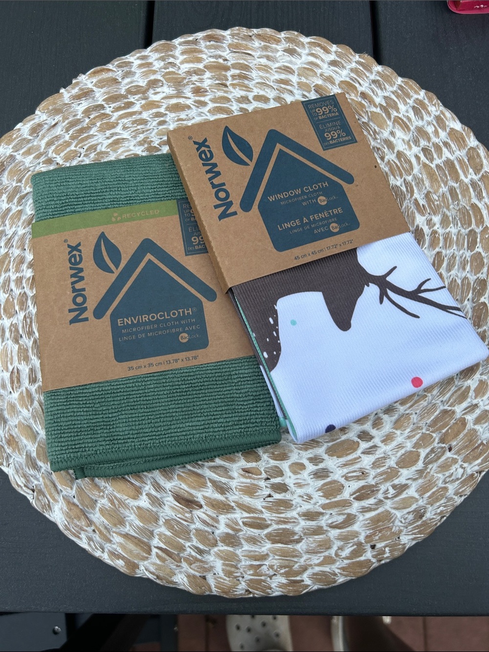Norwex Green EnviroCloth & White Window Cloth with Brown Branch Motif